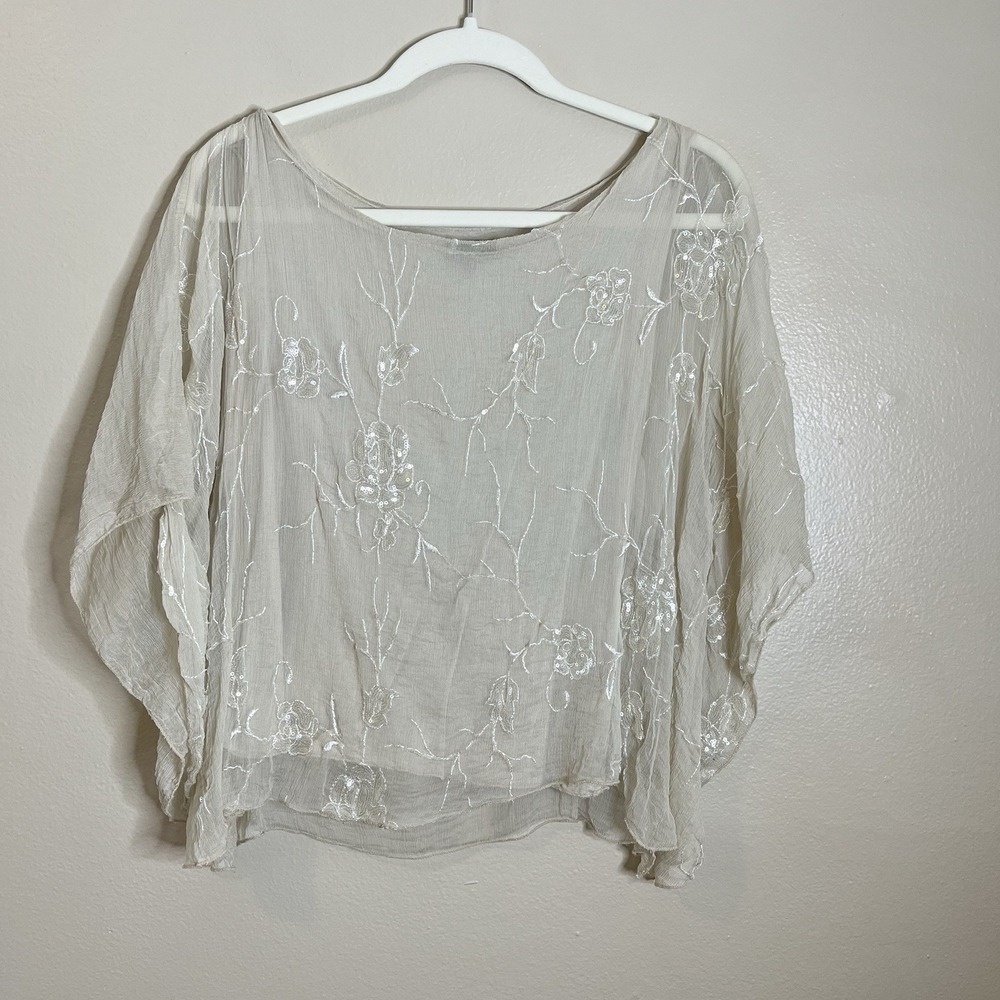 Womens Top‎ Bat Wing Sequin Floral Y2K Twee Silk Bridal Boho S 90s - Picture 2 of 12